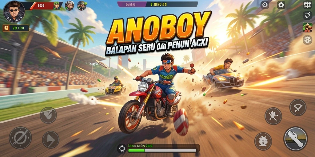 Tampilan gameplay ANOBOY dengan aksi balapan yang mendebarkan.