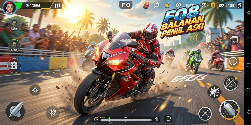 Tampilan gameplay FO8 yang seru dan menantang dalam balapan motor.