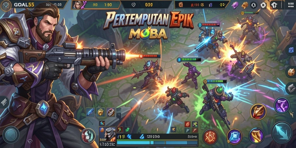 Tangkapan layar spektakuler gameplay di arena pertempuran MOBA.