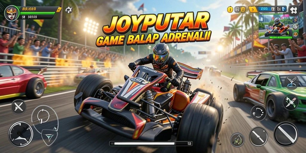 Screenshot gameplay JOYPUTAR menampilkan aksi balapan yang seru dan mendebarkan.