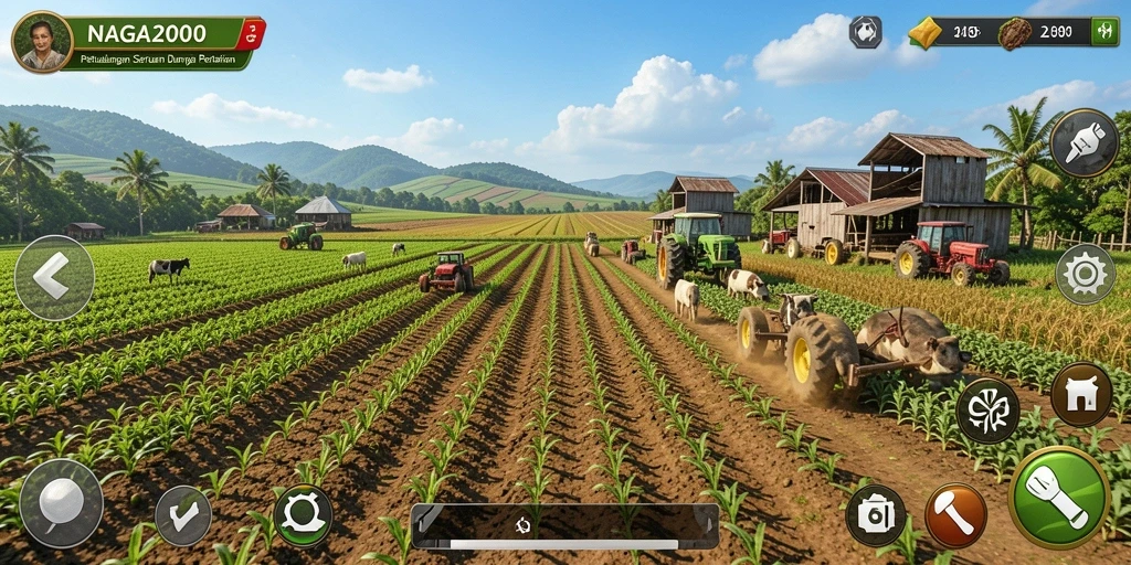 Screenshot gameplay NAGA2000 menampilkan petualangan seru di ladang pertanian.